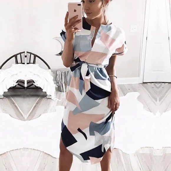 Multicolor Women's Geometric Summer Midi Dress Size Small - Picture 2 of 8